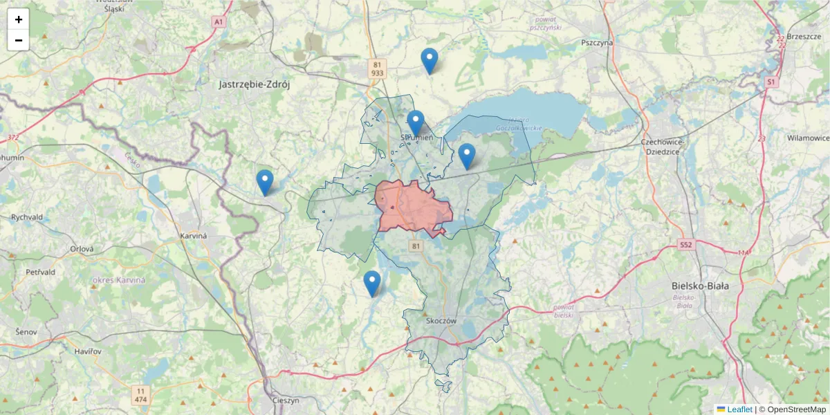 Szczegółowa mapa kodu pocztowego 43-424 z granicami, sąsiednimi kodami pocztowymi i urzędami pocztowymi