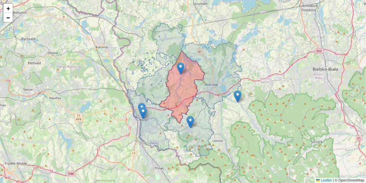 Szczegółowa mapa kodu pocztowego 43-426 z granicami, sąsiednimi kodami pocztowymi i urzędami pocztowymi