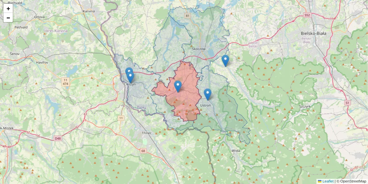 Szczegółowa mapa kodu pocztowego 43-440 z granicami, sąsiednimi kodami pocztowymi i urzędami pocztowymi