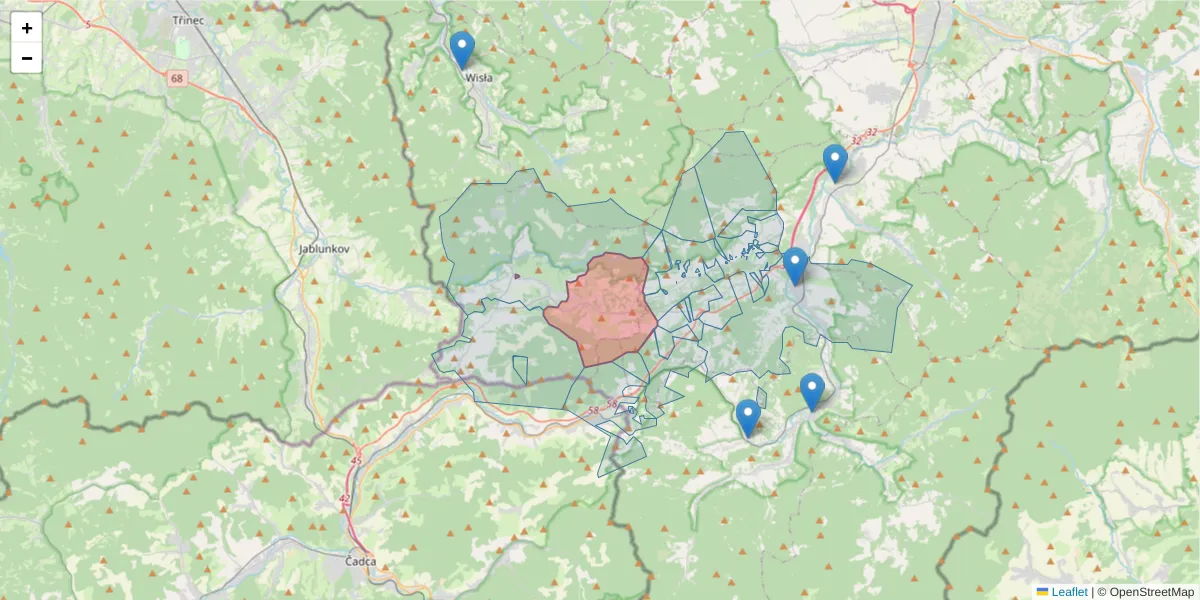 Szczegółowa mapa kodu pocztowego 43-474 z granicami, sąsiednimi kodami pocztowymi i urzędami pocztowymi