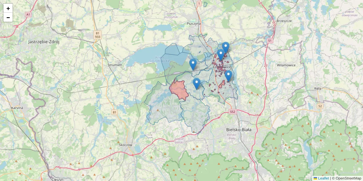 Szczegółowa mapa kodu pocztowego 43-502 z granicami, sąsiednimi kodami pocztowymi i urzędami pocztowymi