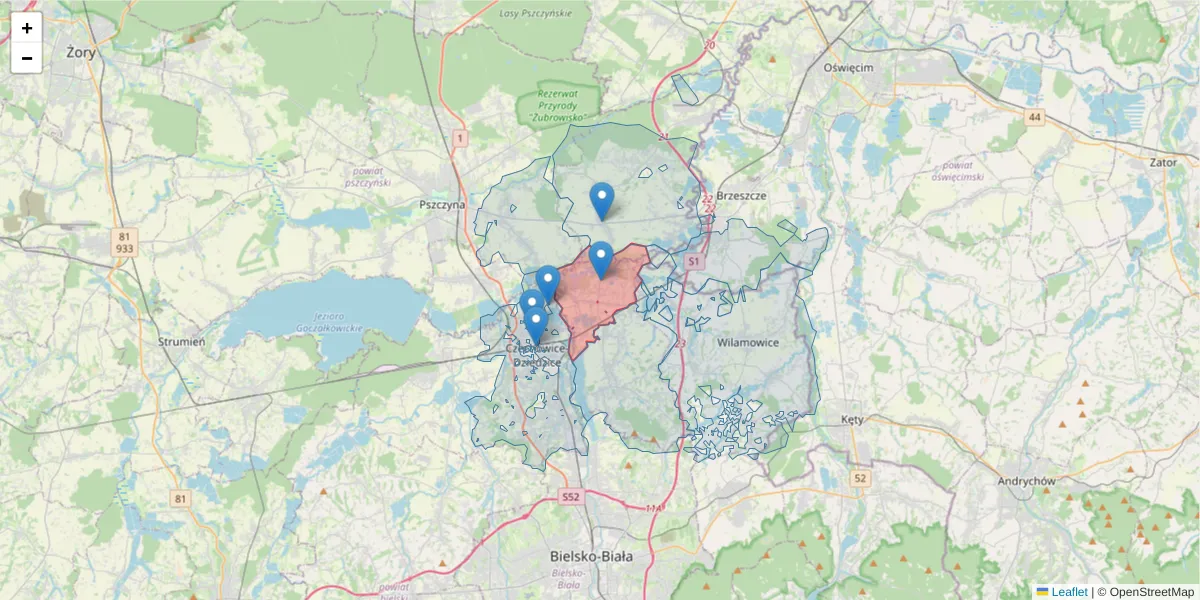 Szczegółowa mapa kodu pocztowego 43-514 z granicami, sąsiednimi kodami pocztowymi i urzędami pocztowymi