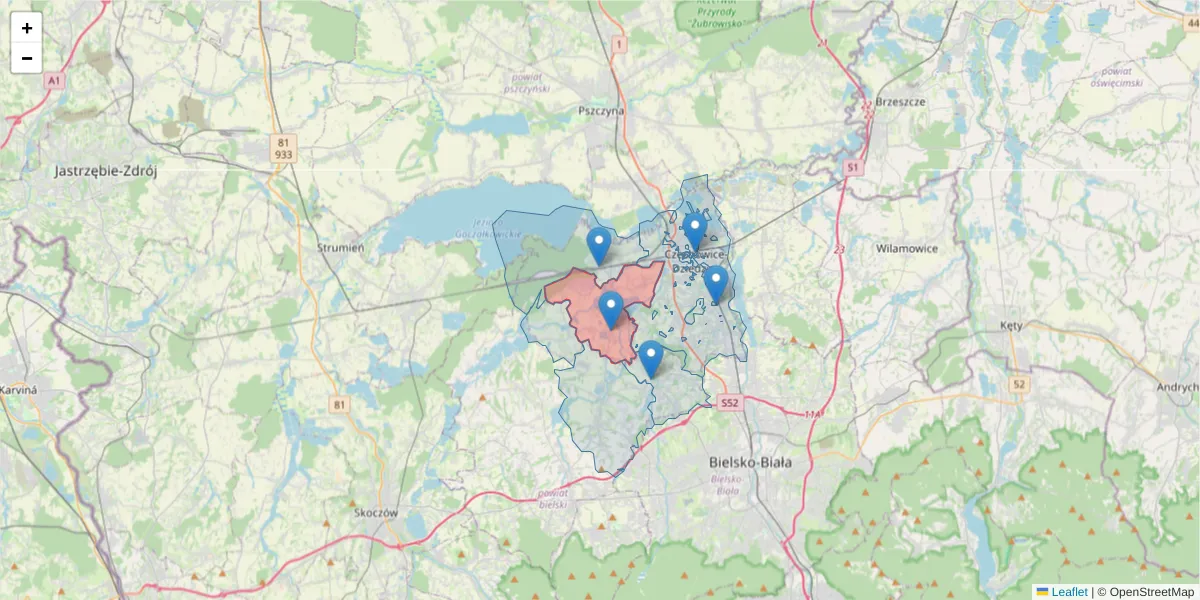 Szczegółowa mapa kodu pocztowego 43-518 z granicami, sąsiednimi kodami pocztowymi i urzędami pocztowymi