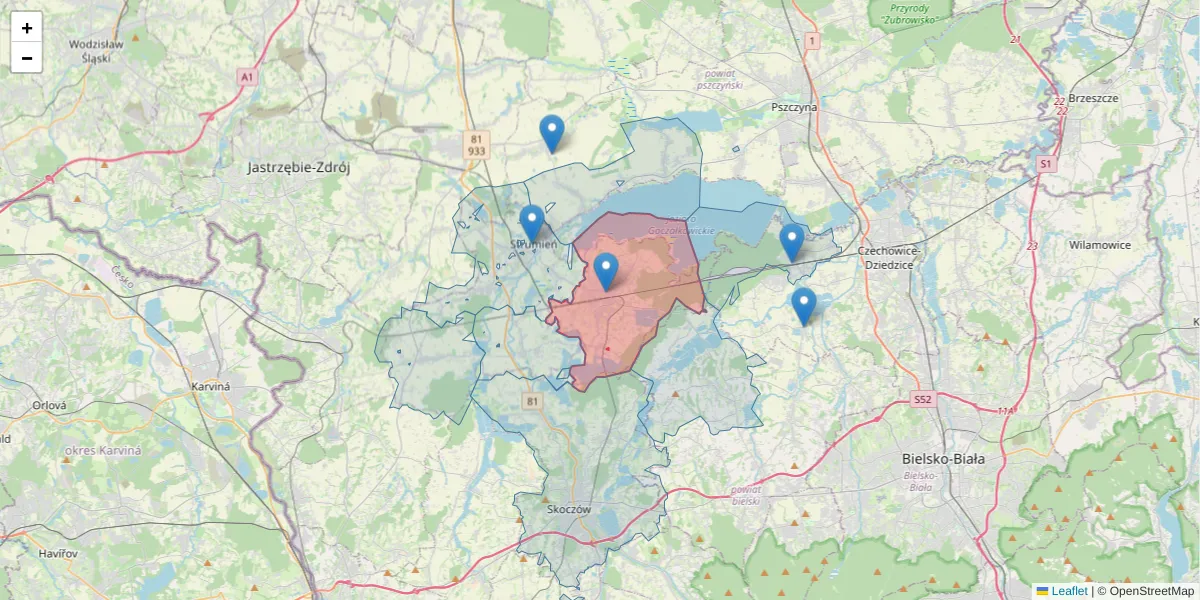 Szczegółowa mapa kodu pocztowego 43-520 z granicami, sąsiednimi kodami pocztowymi i urzędami pocztowymi