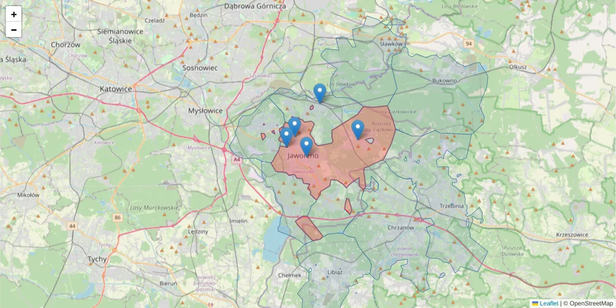 Szczegółowa mapa kodu pocztowego 43-600 z granicami, sąsiednimi kodami pocztowymi i urzędami pocztowymi