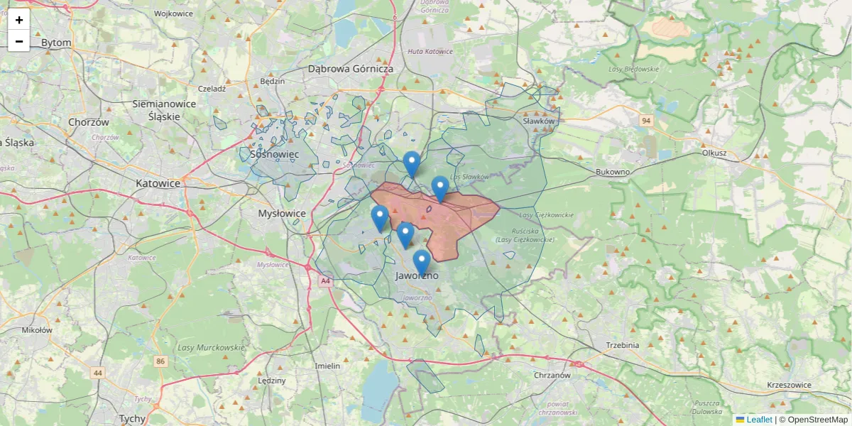 Szczegółowa mapa kodu pocztowego 43-602 z granicami, sąsiednimi kodami pocztowymi i urzędami pocztowymi