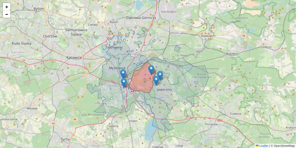 Szczegółowa mapa kodu pocztowego 43-603 z granicami, sąsiednimi kodami pocztowymi i urzędami pocztowymi
