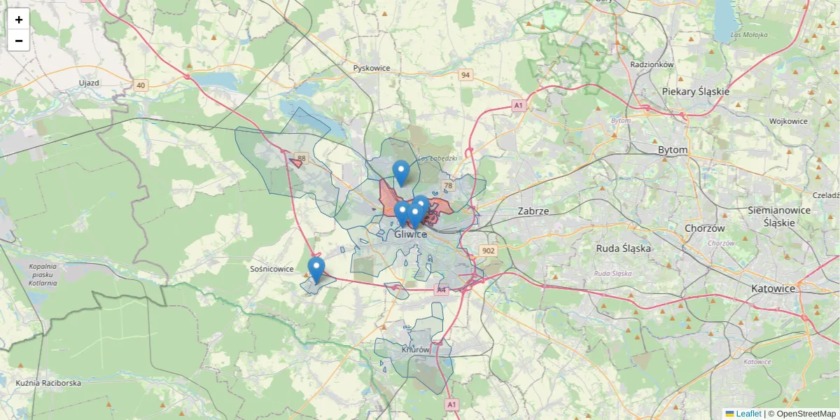 Szczegółowa mapa kodu pocztowego 44-102 z granicami, sąsiednimi kodami pocztowymi i urzędami pocztowymi
