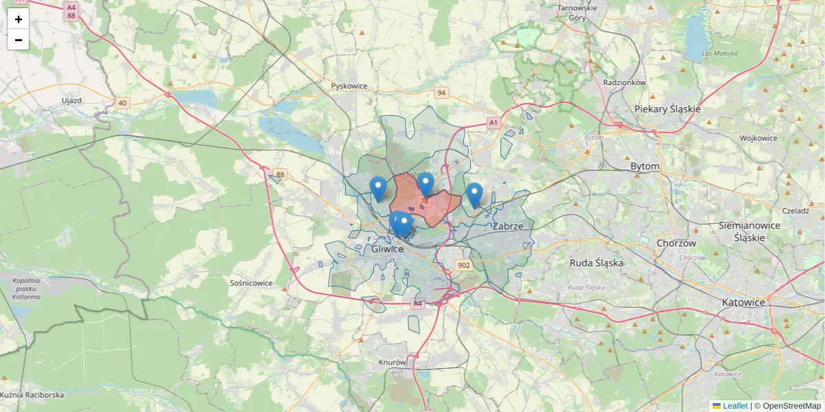 Szczegółowa mapa kodu pocztowego 44-105 z granicami, sąsiednimi kodami pocztowymi i urzędami pocztowymi