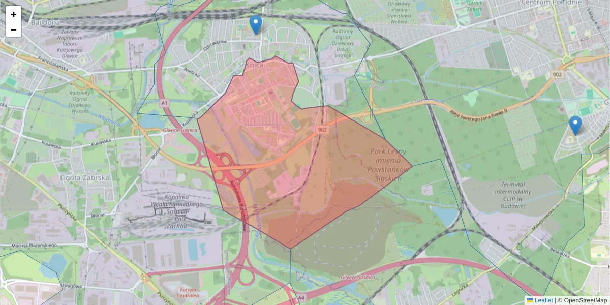 Szczegółowa mapa kodu pocztowego 44-119 z granicami, sąsiednimi kodami pocztowymi i urzędami pocztowymi