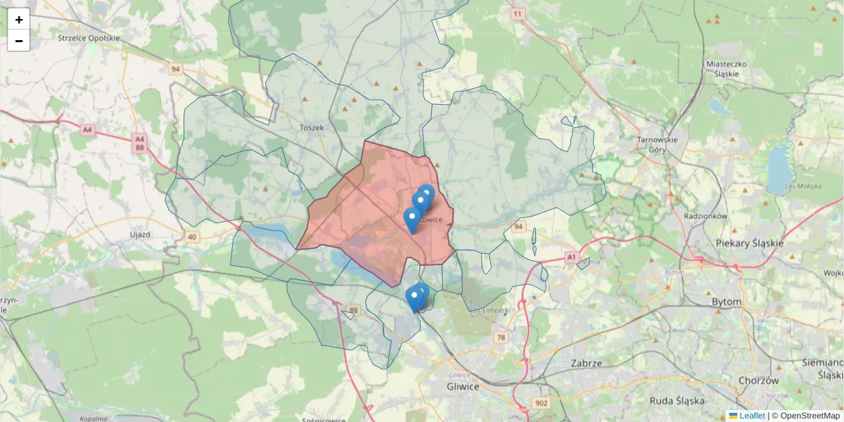 Szczegółowa mapa kodu pocztowego 44-120 z granicami, sąsiednimi kodami pocztowymi i urzędami pocztowymi