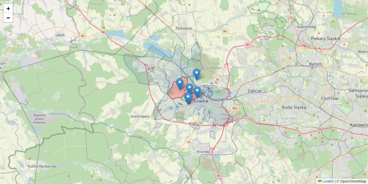Szczegółowa mapa kodu pocztowego 44-121 z granicami, sąsiednimi kodami pocztowymi i urzędami pocztowymi