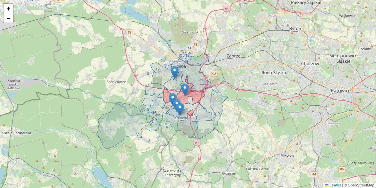 Szczegółowa mapa kodu pocztowego 44-141 z granicami, sąsiednimi kodami pocztowymi i urzędami pocztowymi