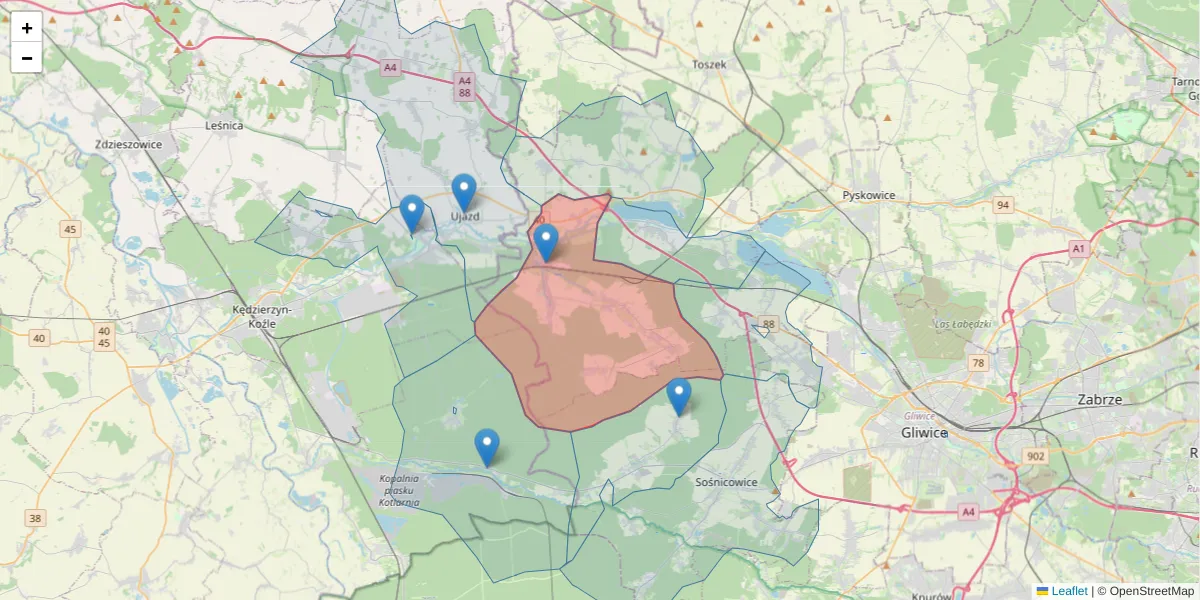 Szczegółowa mapa kodu pocztowego 44-160 z granicami, sąsiednimi kodami pocztowymi i urzędami pocztowymi