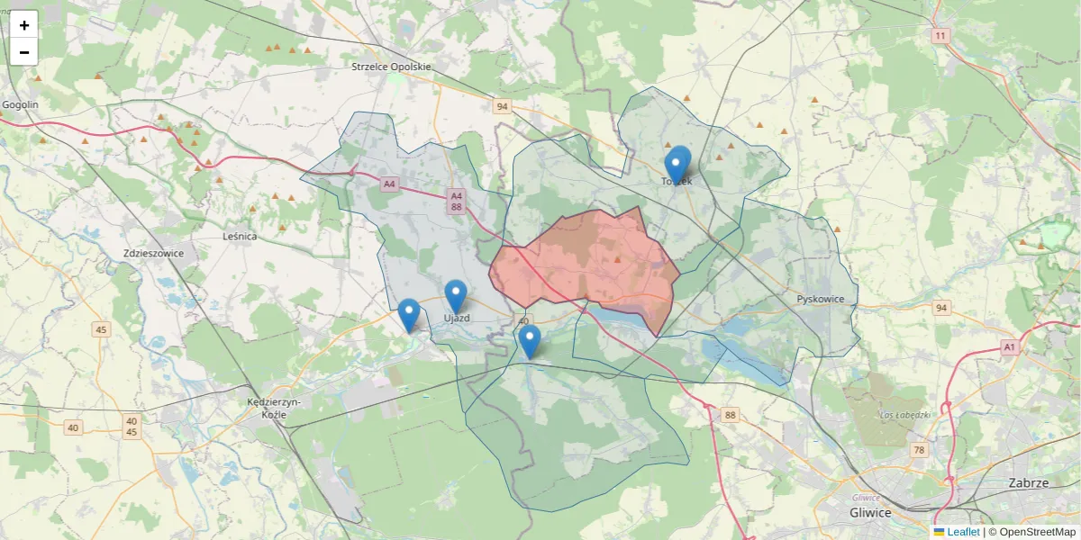 Szczegółowa mapa kodu pocztowego 44-172 z granicami, sąsiednimi kodami pocztowymi i urzędami pocztowymi