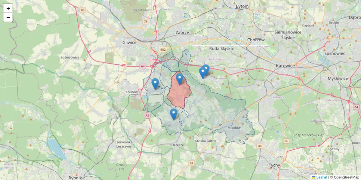 Szczegółowa mapa kodu pocztowego 44-177 z granicami, sąsiednimi kodami pocztowymi i urzędami pocztowymi
