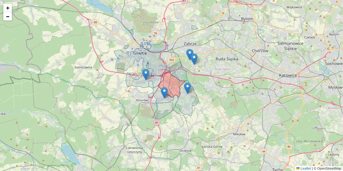 Szczegółowa mapa kodu pocztowego 44-178 z granicami, sąsiednimi kodami pocztowymi i urzędami pocztowymi
