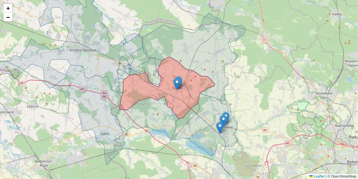 Szczegółowa mapa kodu pocztowego 44-180 z granicami, sąsiednimi kodami pocztowymi i urzędami pocztowymi