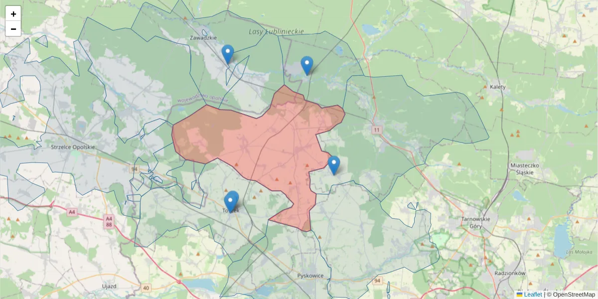 Szczegółowa mapa kodu pocztowego 44-187 z granicami, sąsiednimi kodami pocztowymi i urzędami pocztowymi