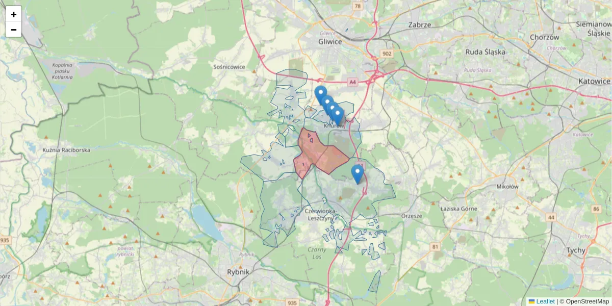 Szczegółowa mapa kodu pocztowego 44-193 z granicami, sąsiednimi kodami pocztowymi i urzędami pocztowymi