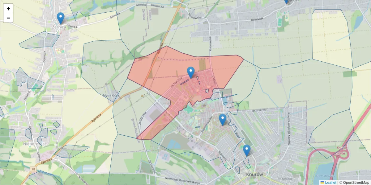 Szczegółowa mapa kodu pocztowego 44-196 z granicami, sąsiednimi kodami pocztowymi i urzędami pocztowymi