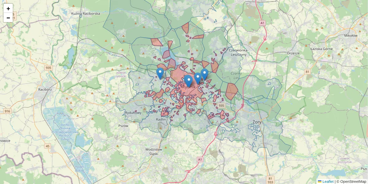 Szczegółowa mapa kodu pocztowego 44-200 z granicami, sąsiednimi kodami pocztowymi i urzędami pocztowymi