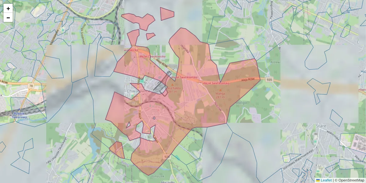 Szczegółowa mapa kodu pocztowego 44-206 z granicami, sąsiednimi kodami pocztowymi i urzędami pocztowymi