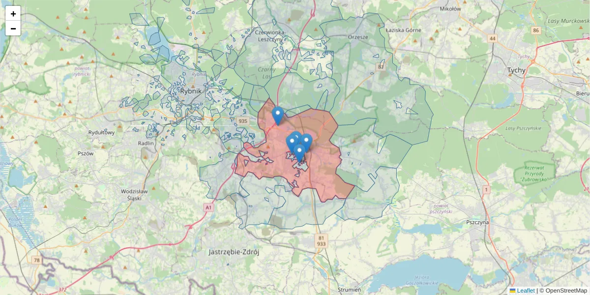 Szczegółowa mapa kodu pocztowego 44-240 z granicami, sąsiednimi kodami pocztowymi i urzędami pocztowymi
