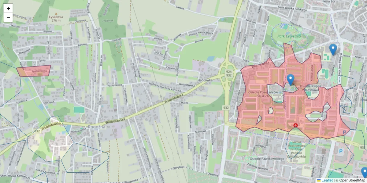 Szczegółowa mapa kodu pocztowego 44-241 z granicami, sąsiednimi kodami pocztowymi i urzędami pocztowymi