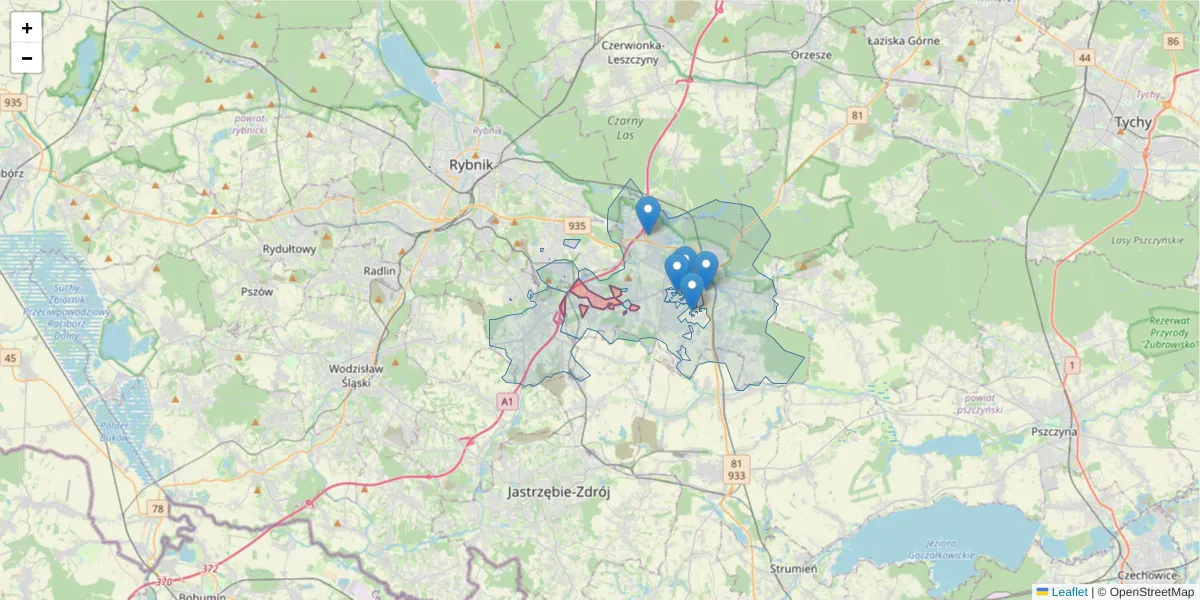 Szczegółowa mapa kodu pocztowego 44-245 z granicami, sąsiednimi kodami pocztowymi i urzędami pocztowymi