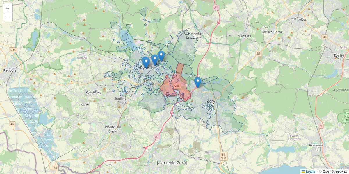 Szczegółowa mapa kodu pocztowego 44-251 z granicami, sąsiednimi kodami pocztowymi i urzędami pocztowymi
