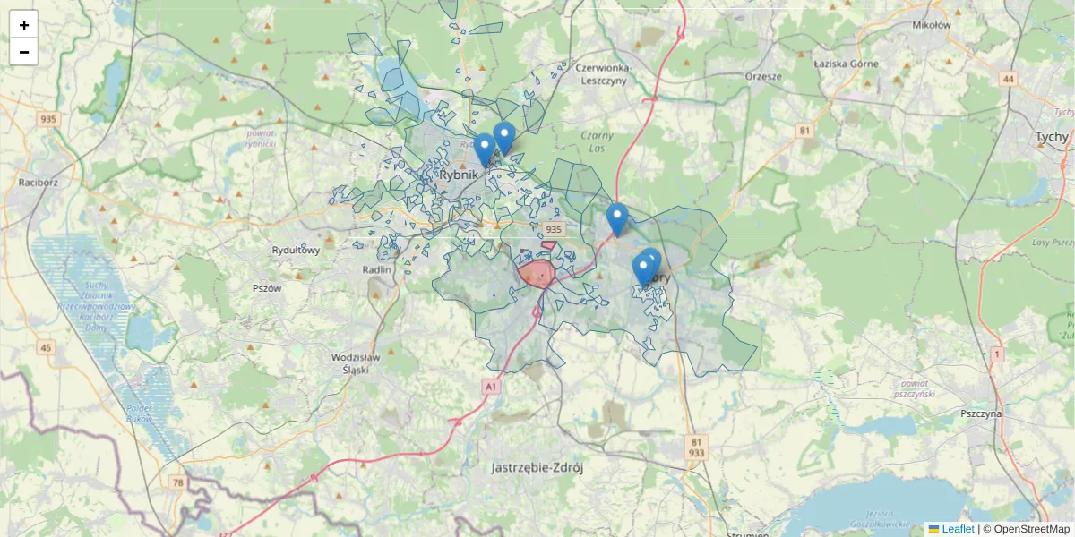 Szczegółowa mapa kodu pocztowego 44-253 z granicami, sąsiednimi kodami pocztowymi i urzędami pocztowymi