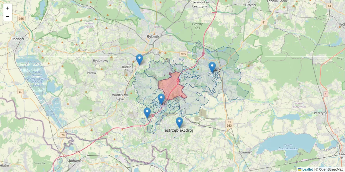 Szczegółowa mapa kodu pocztowego 44-266 z granicami, sąsiednimi kodami pocztowymi i urzędami pocztowymi