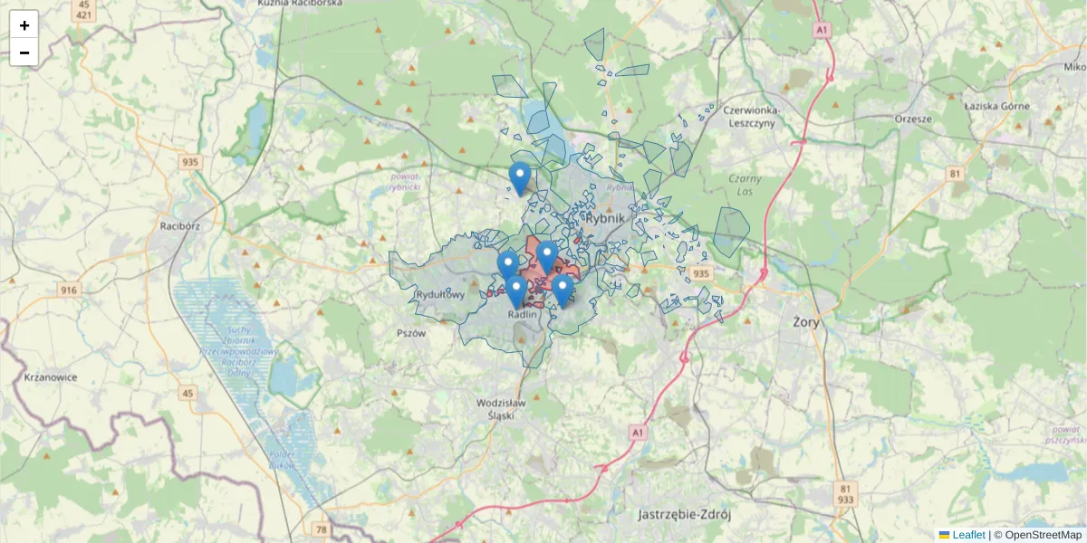 Szczegółowa mapa kodu pocztowego 44-270 z granicami, sąsiednimi kodami pocztowymi i urzędami pocztowymi