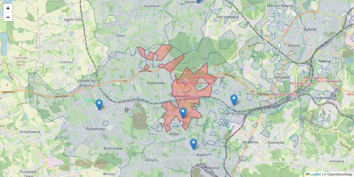 Szczegółowa mapa kodu pocztowego 44-273 z granicami, sąsiednimi kodami pocztowymi i urzędami pocztowymi