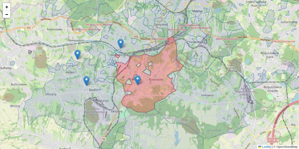 Szczegółowa mapa kodu pocztowego 44-274 z granicami, sąsiednimi kodami pocztowymi i urzędami pocztowymi