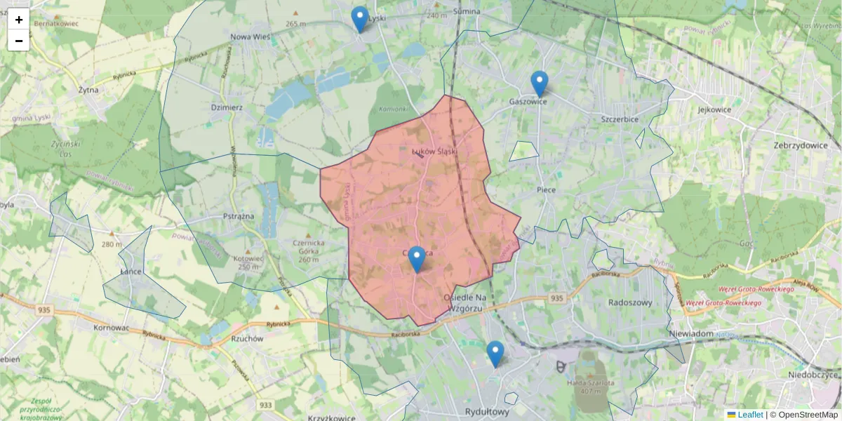 Szczegółowa mapa kodu pocztowego 44-282 z granicami, sąsiednimi kodami pocztowymi i urzędami pocztowymi