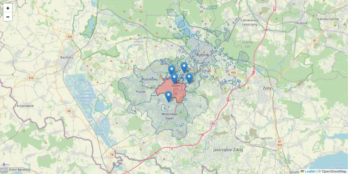 Szczegółowa mapa kodu pocztowego 44-310 z granicami, sąsiednimi kodami pocztowymi i urzędami pocztowymi