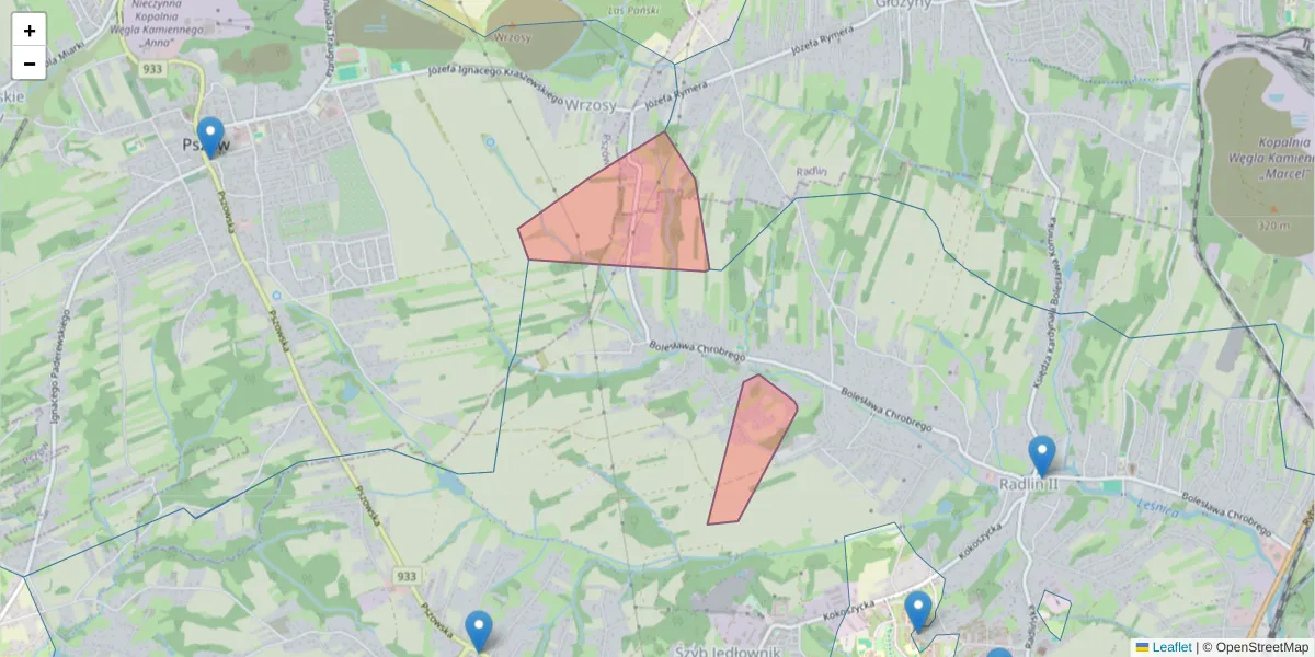 Szczegółowa mapa kodu pocztowego 44-313 z granicami, sąsiednimi kodami pocztowymi i urzędami pocztowymi