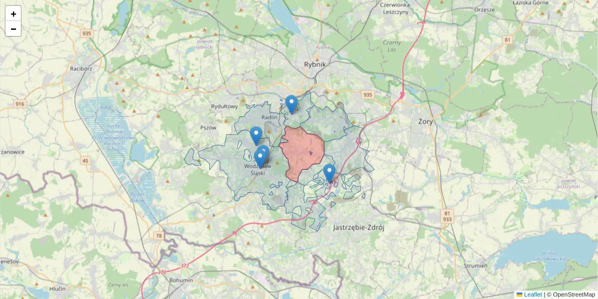 Szczegółowa mapa kodu pocztowego 44-321 z granicami, sąsiednimi kodami pocztowymi i urzędami pocztowymi