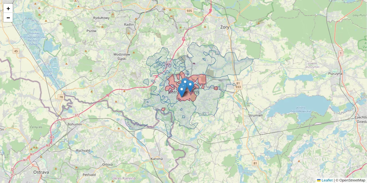 Szczegółowa mapa kodu pocztowego 44-335 z granicami, sąsiednimi kodami pocztowymi i urzędami pocztowymi
