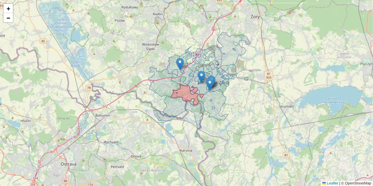 Szczegółowa mapa kodu pocztowego 44-338 z granicami, sąsiednimi kodami pocztowymi i urzędami pocztowymi