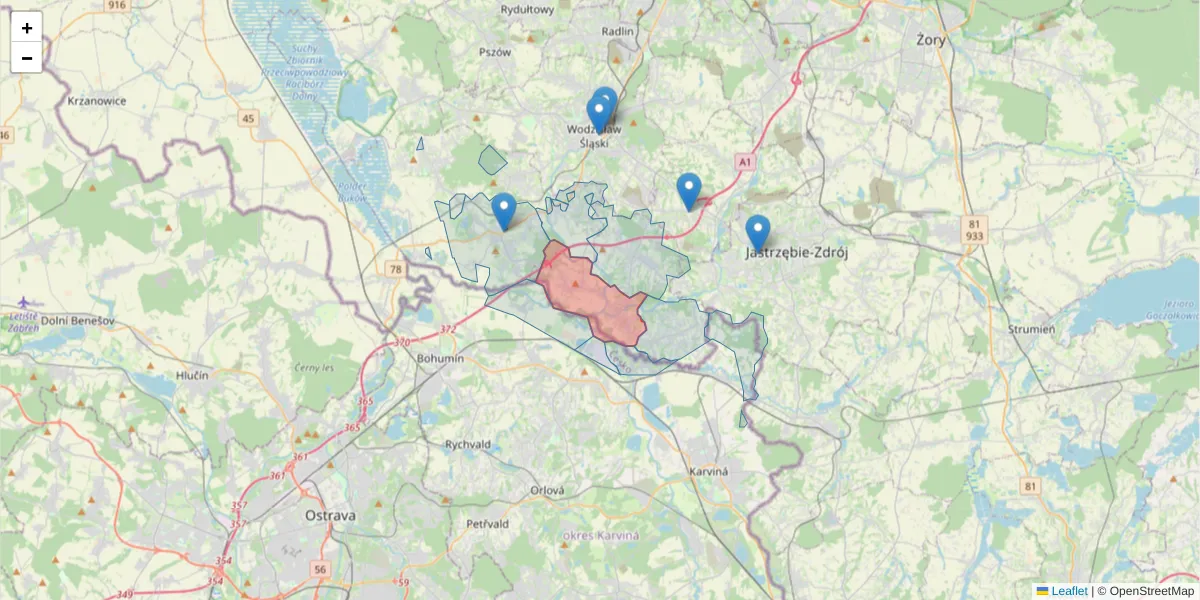 Szczegółowa mapa kodu pocztowego 44-340 z granicami, sąsiednimi kodami pocztowymi i urzędami pocztowymi