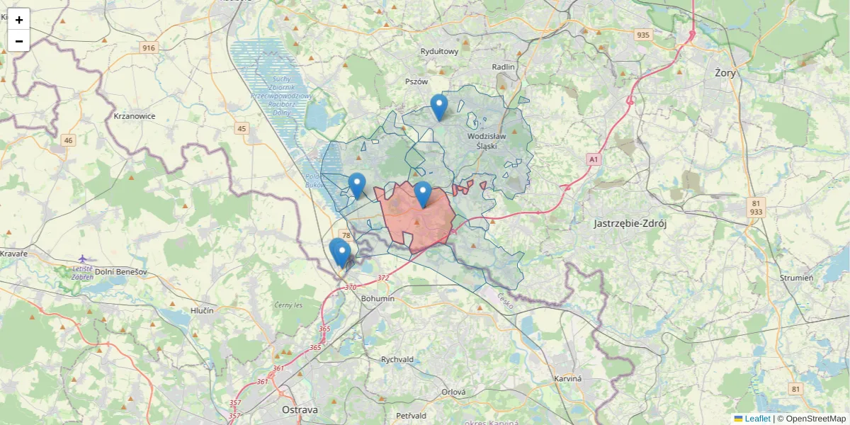 Szczegółowa mapa kodu pocztowego 44-350 z granicami, sąsiednimi kodami pocztowymi i urzędami pocztowymi