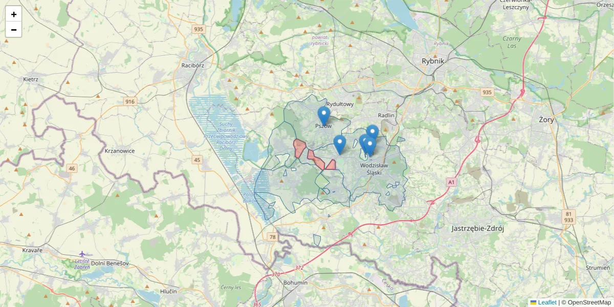 Szczegółowa mapa kodu pocztowego 44-373 z granicami, sąsiednimi kodami pocztowymi i urzędami pocztowymi