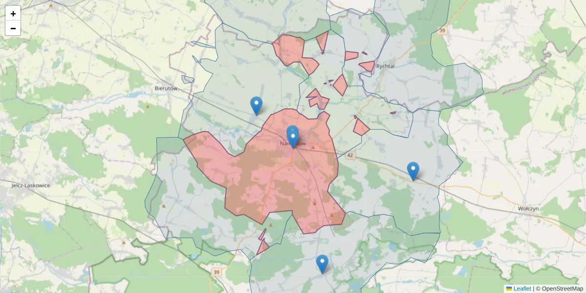 Szczegółowa mapa kodu pocztowego 46-100 z granicami, sąsiednimi kodami pocztowymi i urzędami pocztowymi
