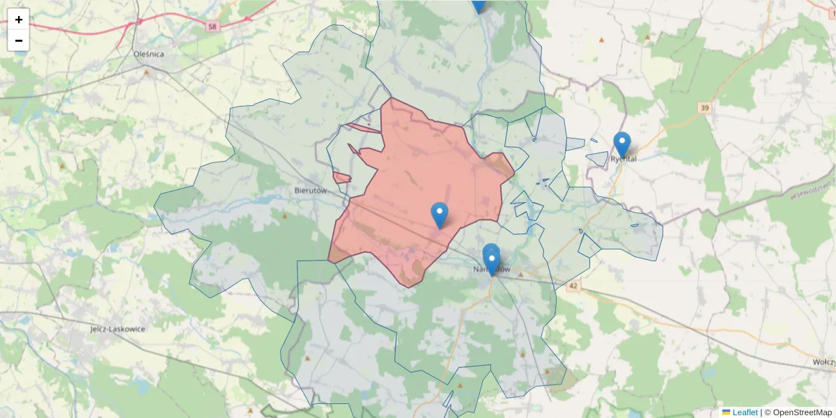 Szczegółowa mapa kodu pocztowego 46-113 z granicami, sąsiednimi kodami pocztowymi i urzędami pocztowymi
