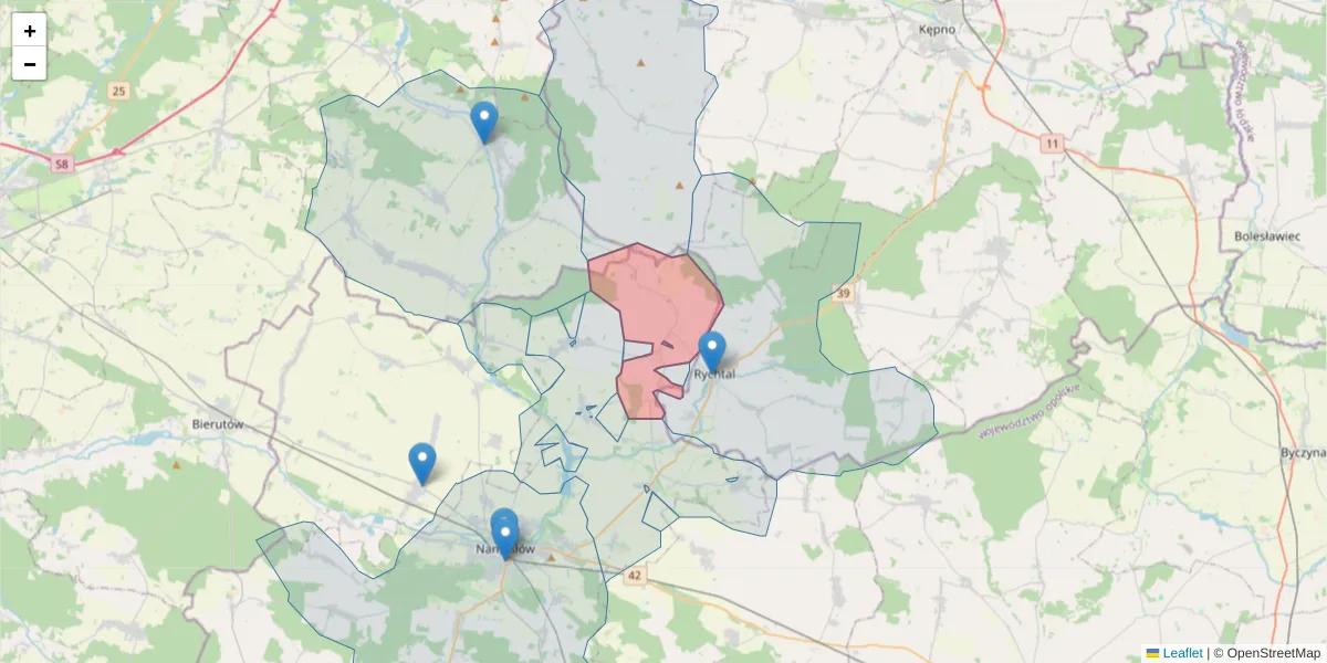 Szczegółowa mapa kodu pocztowego 46-134 z granicami, sąsiednimi kodami pocztowymi i urzędami pocztowymi