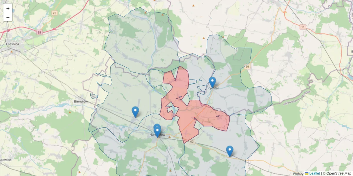 Szczegółowa mapa kodu pocztowego 46-142 z granicami, sąsiednimi kodami pocztowymi i urzędami pocztowymi