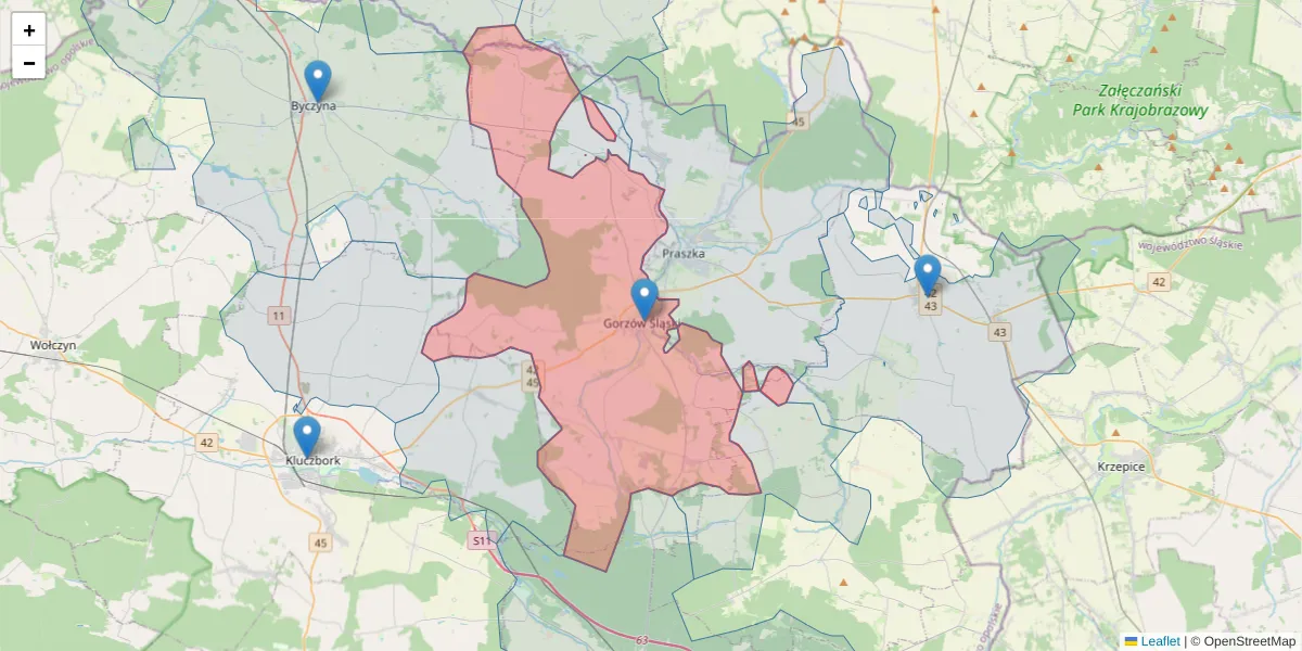 Szczegółowa mapa kodu pocztowego 46-310 z granicami, sąsiednimi kodami pocztowymi i urzędami pocztowymi